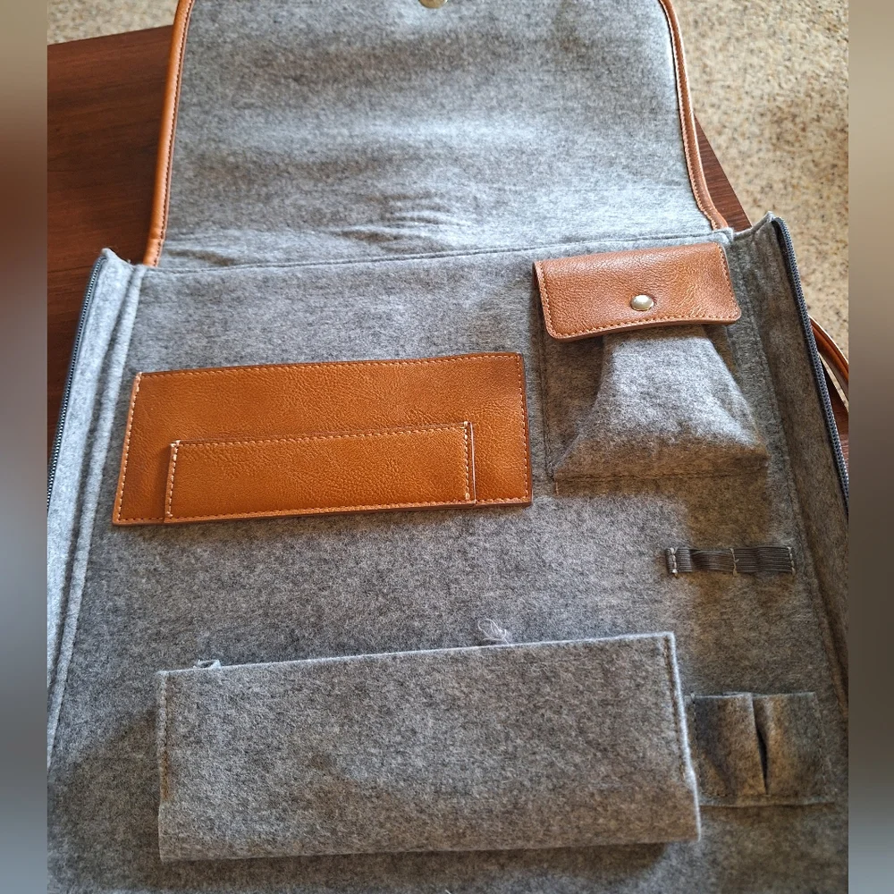 Nutralite Minimalist Gray and Tan Laptop Bag with Leather Accents Like New